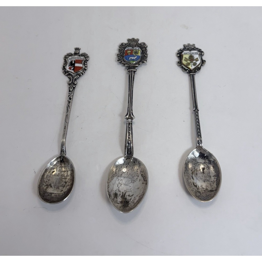 3 Vintage 835 Silver Enamel Souvenir Spoons Germany Venezuela Vatican 29g